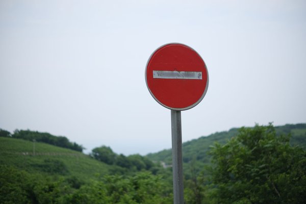 풀밭 옆의 빨간 진입 금지 표지판
